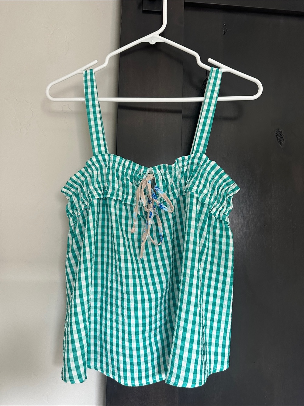 Amazon Green Gingham Tank Top with Ruffle Neck